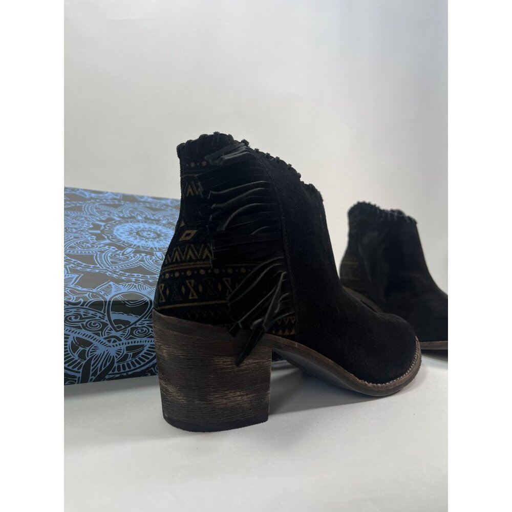 Extrafine Sugar Booties Black Suede Leather Fringe Ankle Bootie Aztec Womens 10